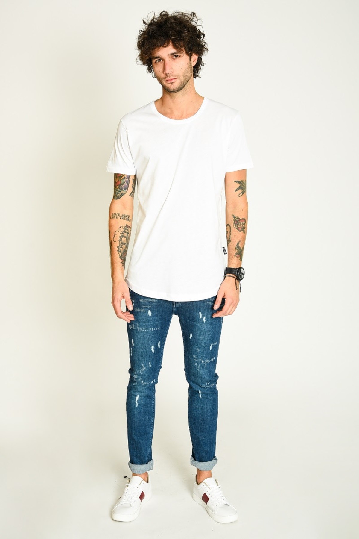 Kısa Kol Uzun Bisiklet Yaka Beyaz Basic Erkek T-shirt