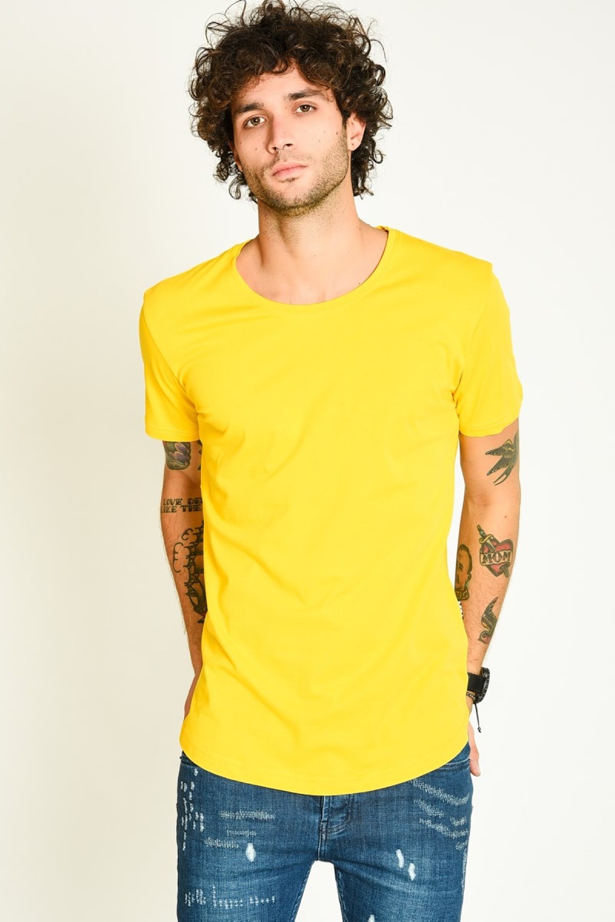 Kısa Kol Uzun Bisiklet Yaka Sarı Basic Erkek T-shirt