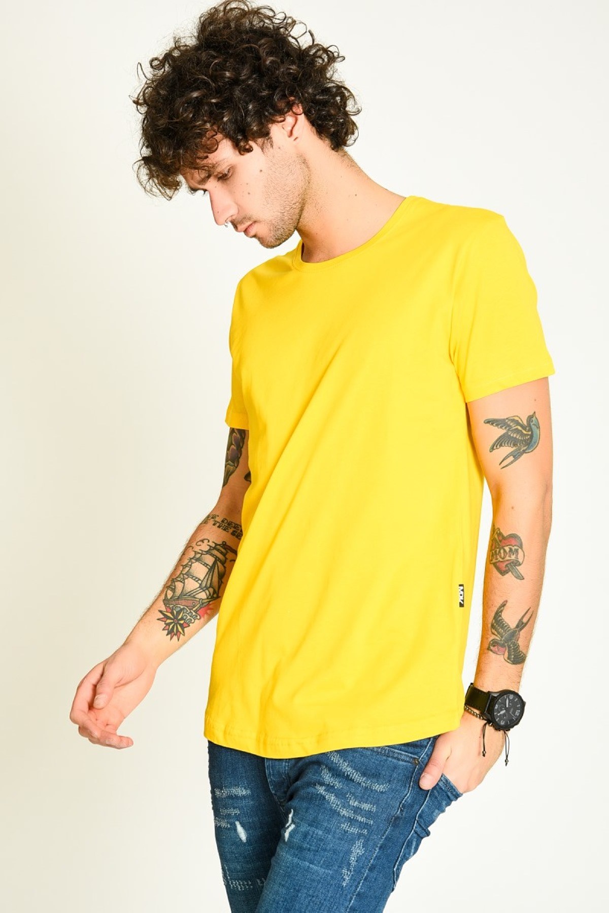 Kısa Kol Uzun Bisiklet Yaka Sarı Basic Erkek T-shirt