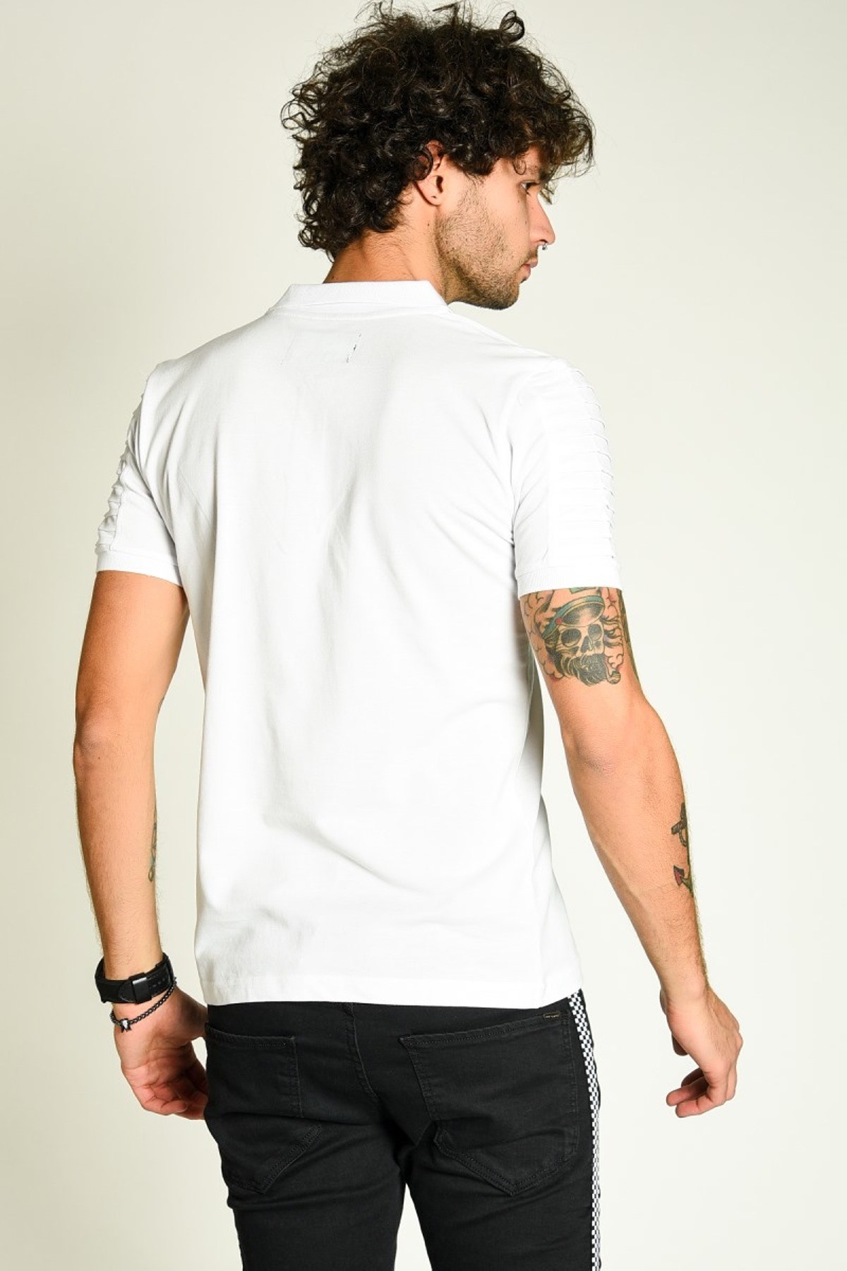 Kolu Nervürlü Polo Yaka Beyaz Erkek T-shirt
