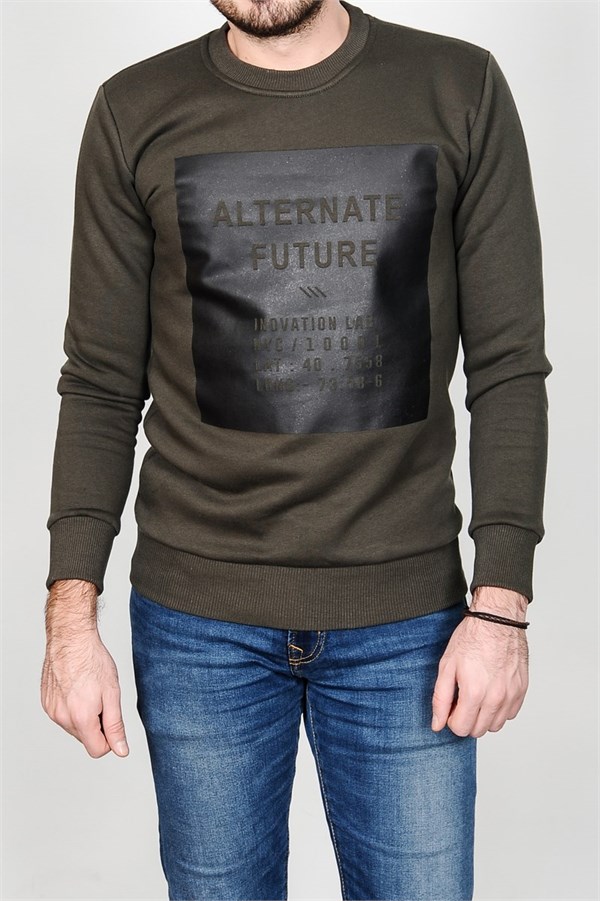 Önü Alternate Future Baskılı Haki Erkek Sweatshirt