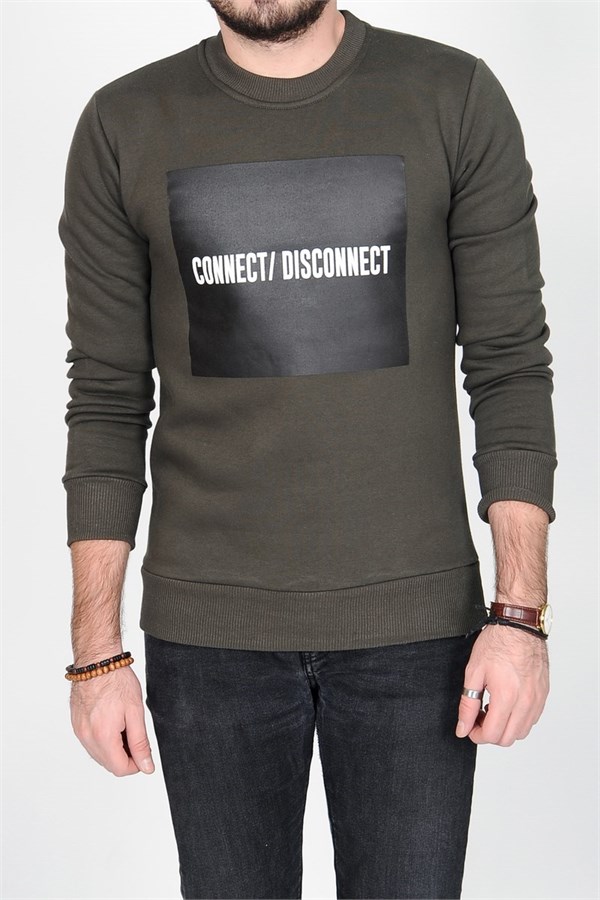 Önü Connect/Disconnect Baskılı Haki Erkek Sweatshirt