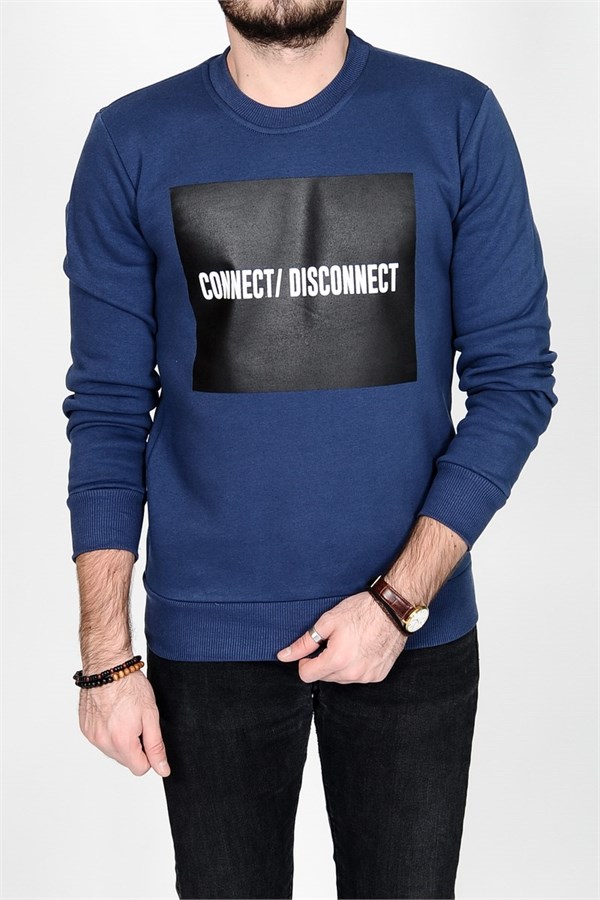 Önü Connect/Disconnect Baskılı Mavi Erkek Sweatshirt