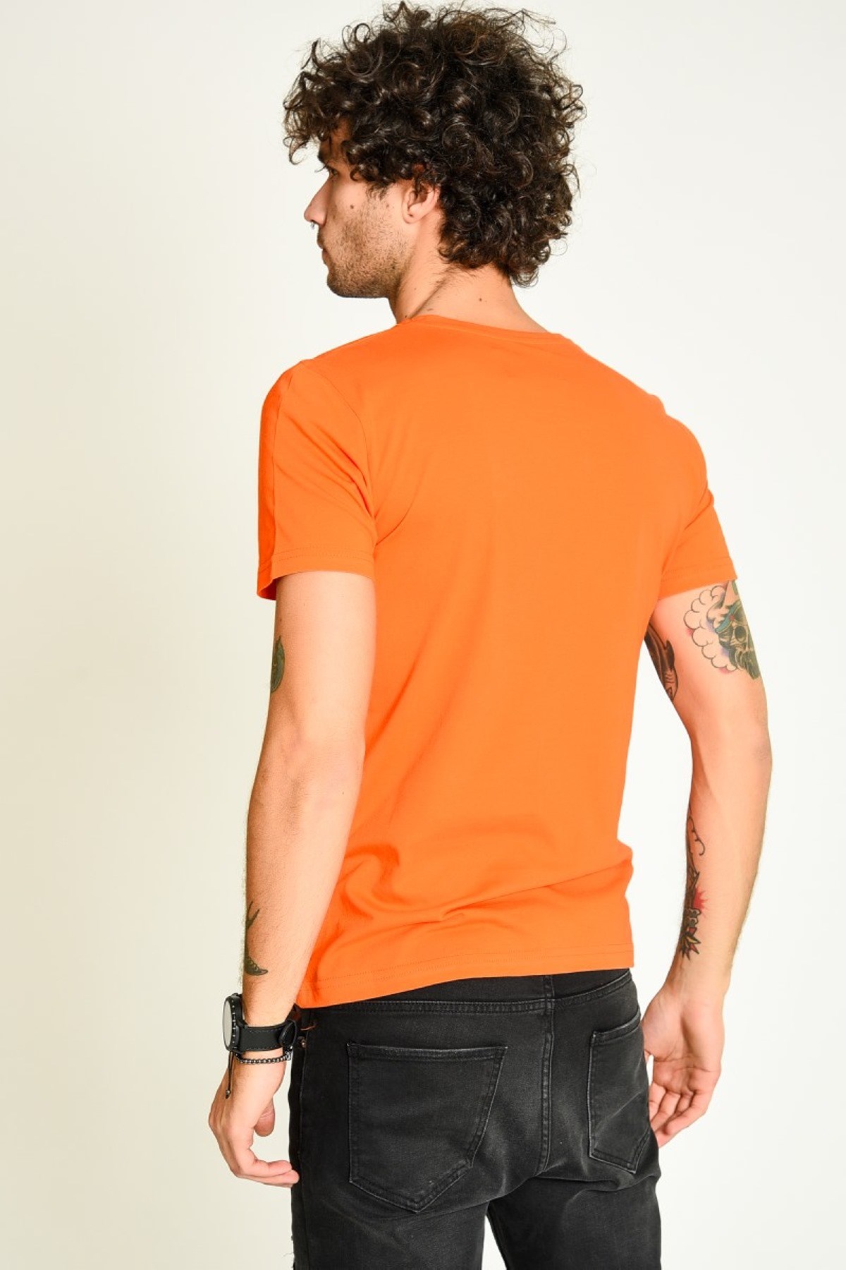 Önü Parçalı Bisiklet Yaka Turuncu Basic Erkek T-shirt
