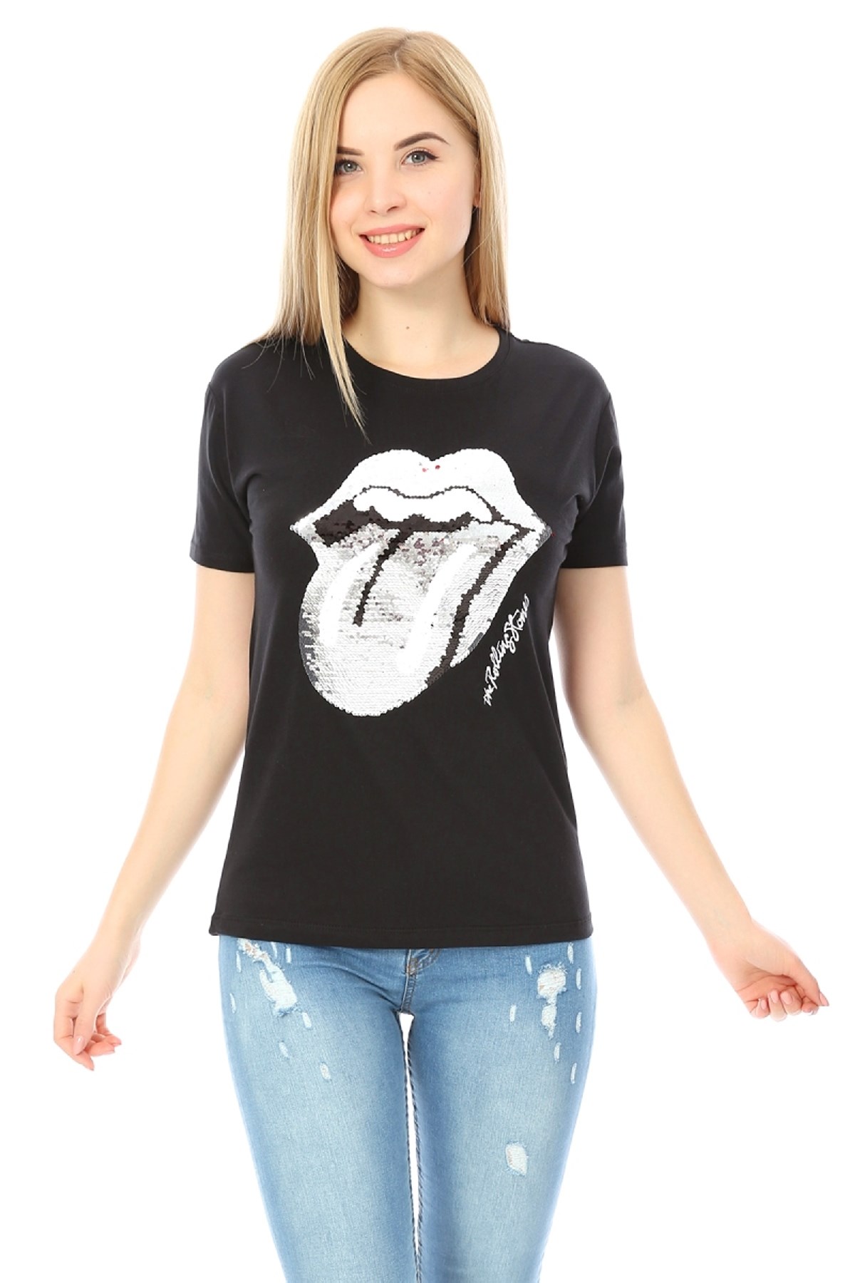 Önü Rolling Stones Pul Payet Baskılı Siyah T-shirt
