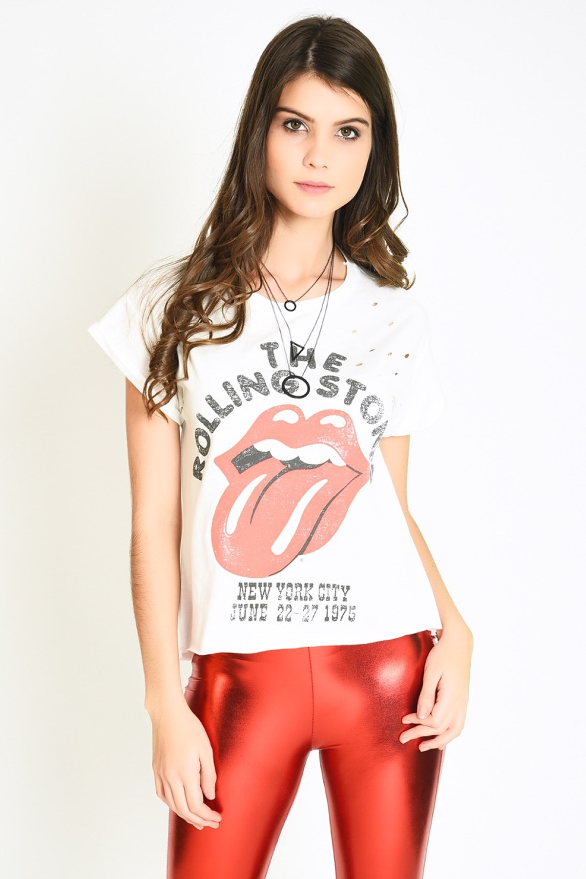 Sırtı Yırtık Rolling Stones Baskılı Kadın Beyaz T-shirt
