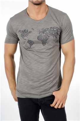 Harita Baskılı Gri Erkek T-Shirt