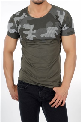 Kolu ve Göğsü Kamuflajlı Haki Erkek T-Shirt
