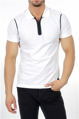 Yakası Fermuarlı Polo Yaka Beyaz Erkek T-Shirt