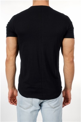 Omzu Fermuarlı Siyah Erkek T-Shirt