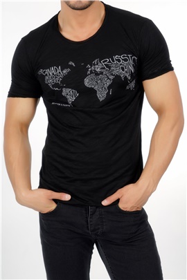 Harita Baskılı Siyah Erkek T-Shirt