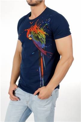 Papağan Baskılı Lacivert Erkek T-Shirt