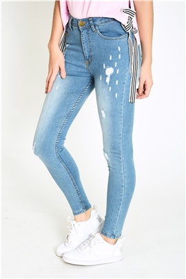 Açık Mavi Yüksek Bel Yırtıklı Kadın Skinny Kot Pantolon
