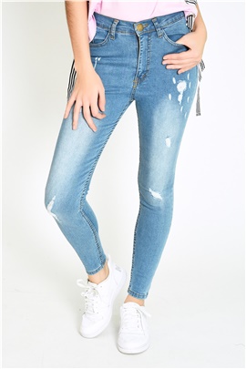 Açık Mavi Yüksek Bel Yırtıklı Kadın Skinny Kot Pantolon