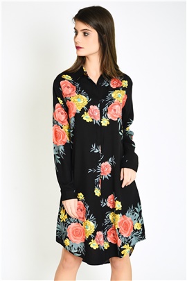 Çiçek Desenli Siyah Kadın Tunik Gömlek 