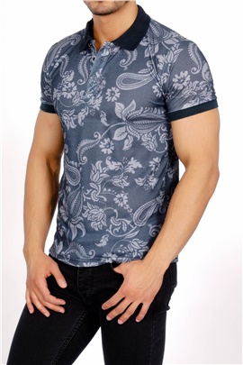Çiçekli Polo Yaka Lacivert T-Shirt 