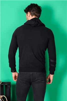 Deri Detaylı Fermuarlı Kapüşonlu Siyah Erkek Sweatshirt