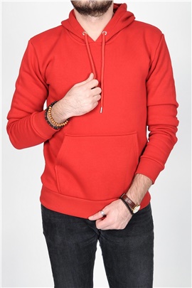 Düz Basic Kapüşonlu Kırmızı Sweatshirt