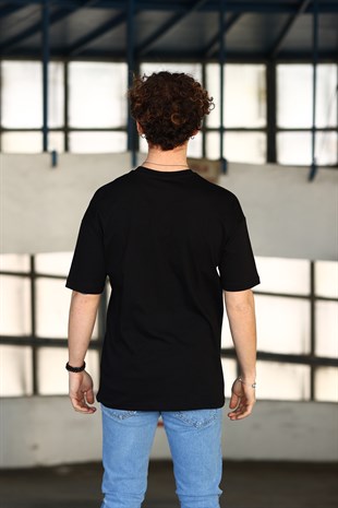 Erkek Dört Kare Baskılı Oversize Siyah T-Shirt