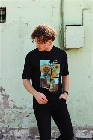 Erkek Sunflowers Van Gogh Baskılı Oversize Siyah T-Shirt