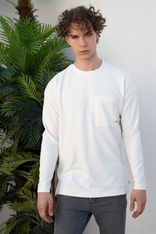 Erkek Verev Tek Cepli Oversıze Beyaz Sweatshirt