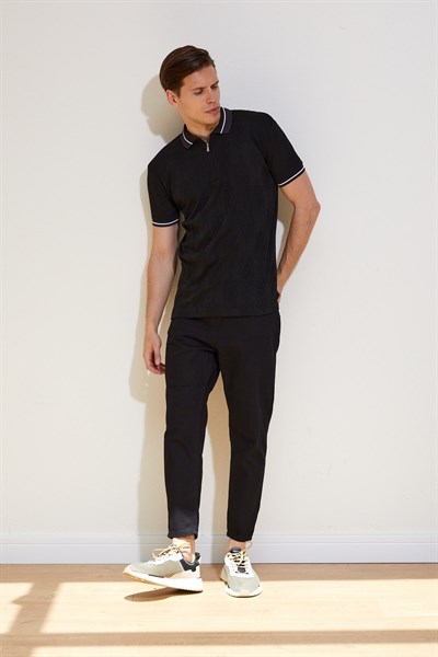 Erkek Yaka Renkli Fermuarlı Polo Yaka Siyah T-Shirt