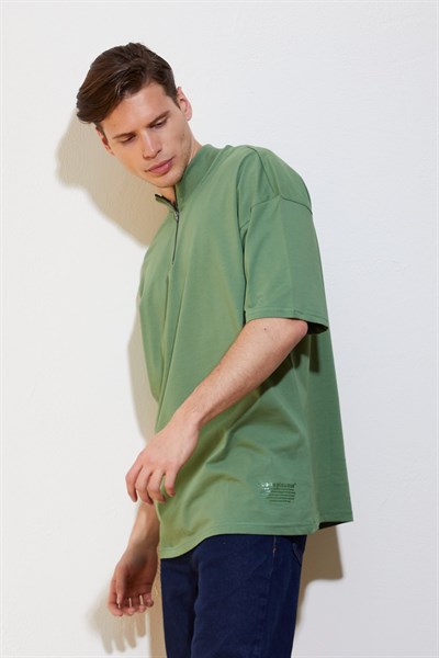 Erkek Yarı Fermuarlı Dik Yakalı Oversize Yeşil T-Shirt