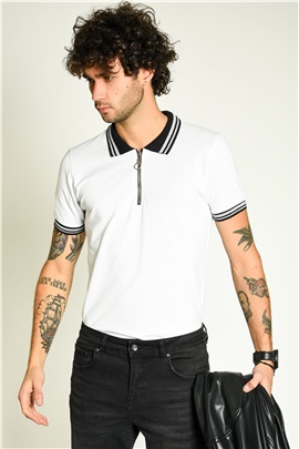 Fermuar Detaylı Polo Sim Yakalı Beyaz Erkek T-shirt