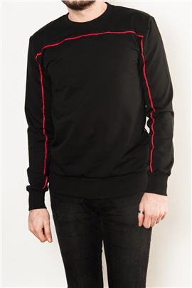 İnce Bordo Şeritli Siyah Mevsimlik Erkek Sweatshirt