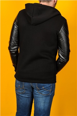 Kolu Derili Kapüşonlu Siyah Erkek Fermuarlı Sweatshirt