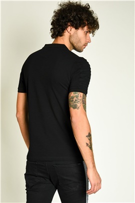 Kolu Nervürlü Polo Yaka Siyah Erkek T-shirt