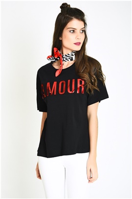 Önü Amour Baskılı Kadın Siyah T-shirt
