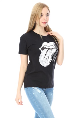 Önü Rolling Stones Pul Payet Baskılı Siyah T-shirt