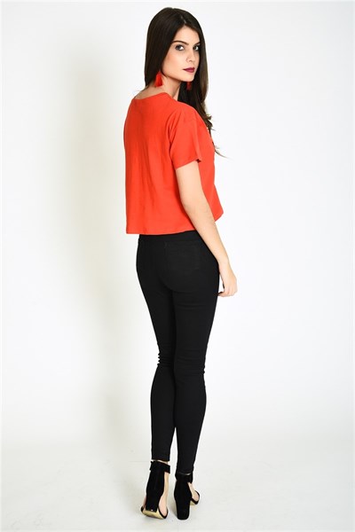 Önü Şeritli Baskılı Kırmızı Kısa Kadın T-Shirt - 10352