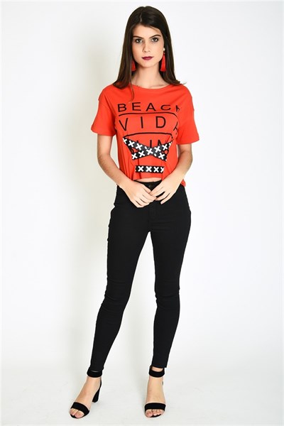Önü Şeritli Baskılı Kırmızı Kısa Kadın T-Shirt - 10352