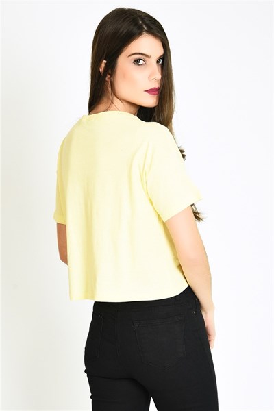 Önü Şeritli Baskılı Sarı Kısa Kadın T-Shirt - 10355