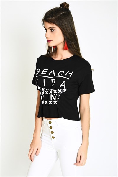 Önü Şeritli Baskılı Siyah Kısa Kadın T-Shirt - 10349