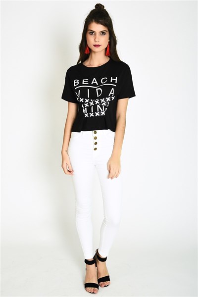 Önü Şeritli Baskılı Siyah Kısa Kadın T-Shirt - 10349
