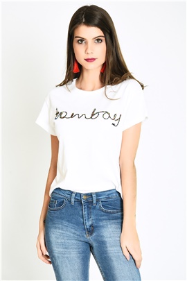 Önü Tomboy Yazılı Beyaz Kadın T-shirt
