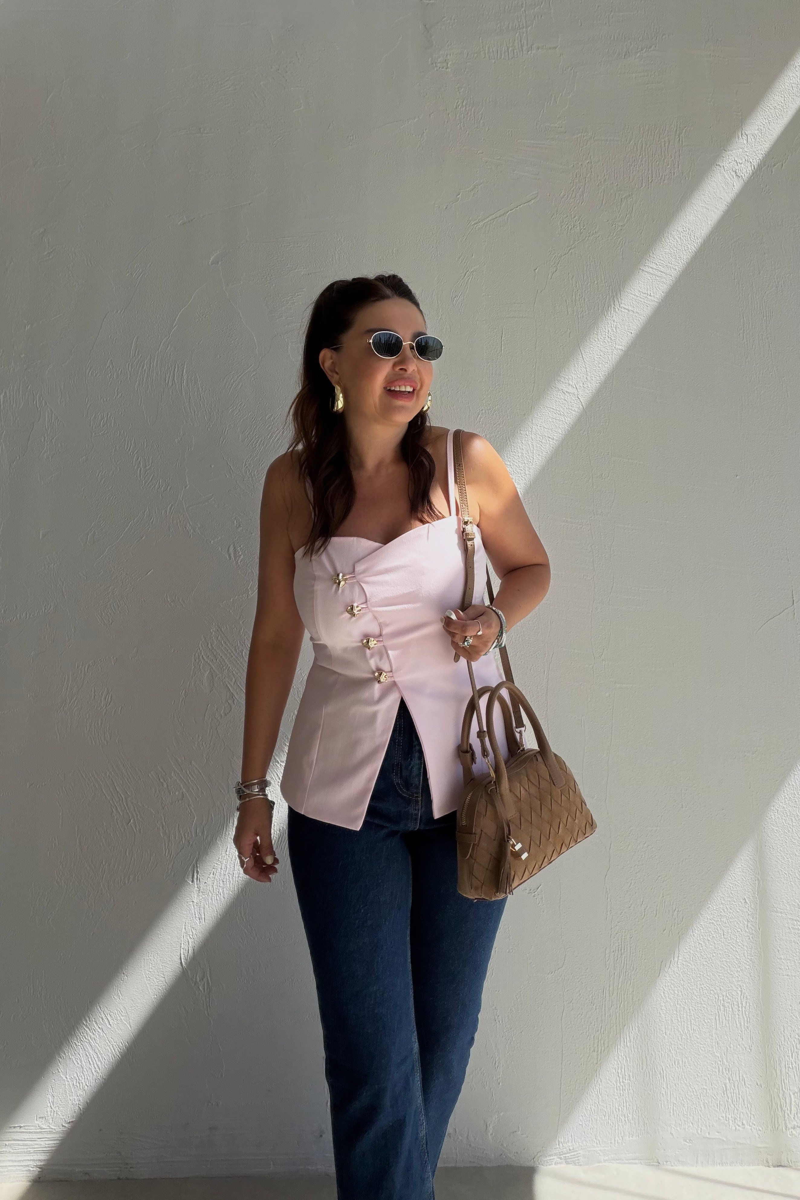 Askılı Düğmeli Bluz PEMBE