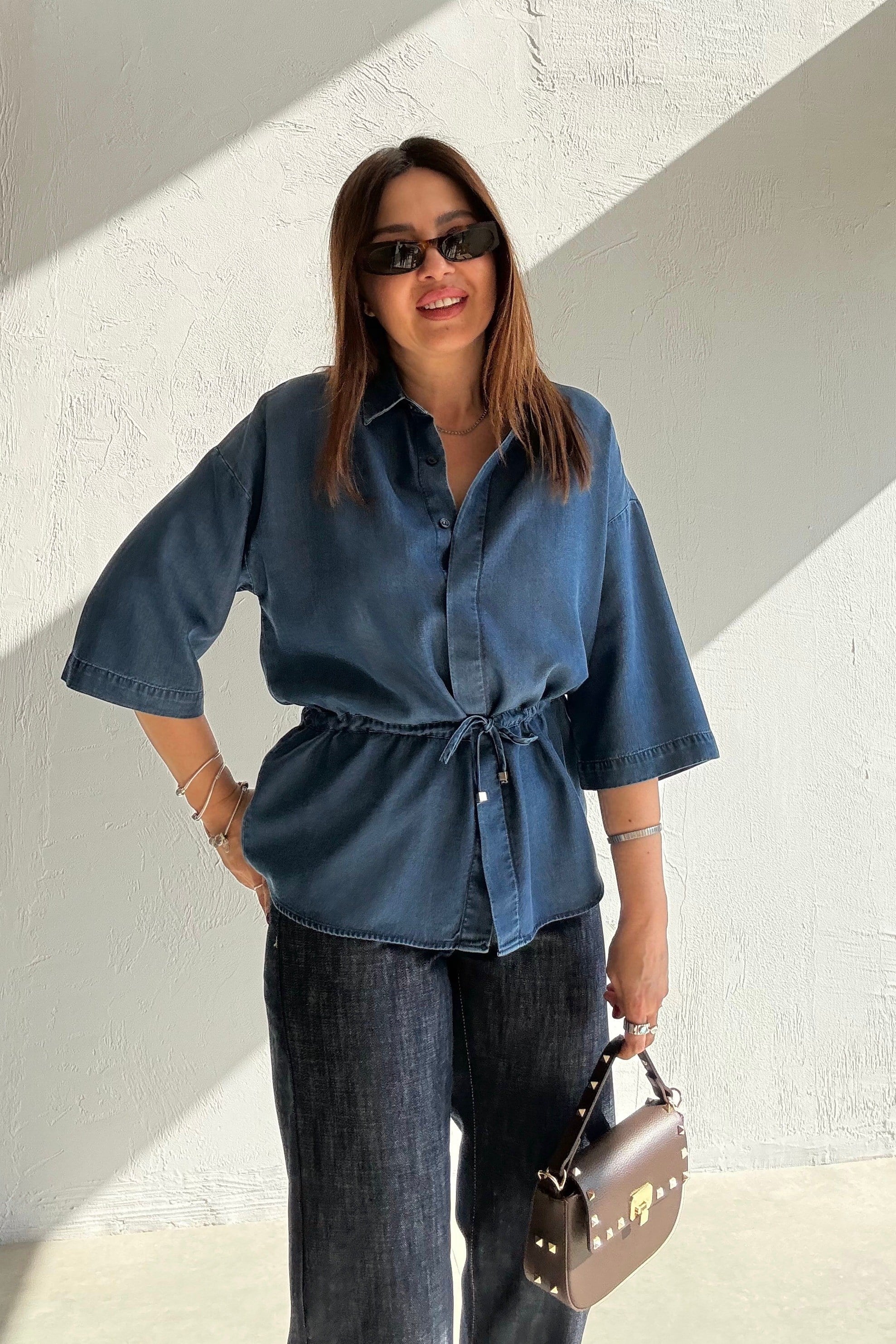 Beli Büzgülü Denim Gömlek LACİVERT
