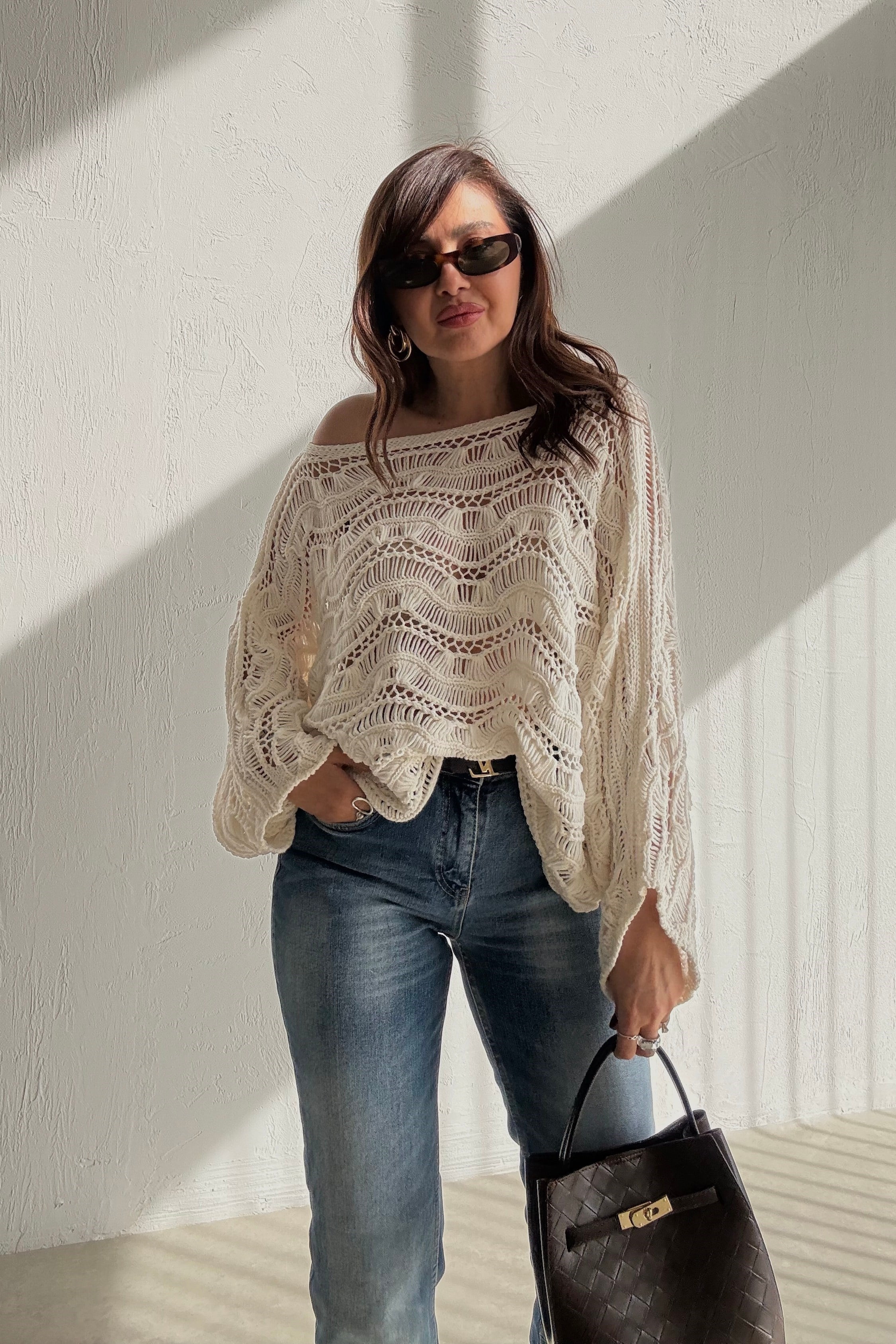 Ekru Ajurlu Triko Bluz 