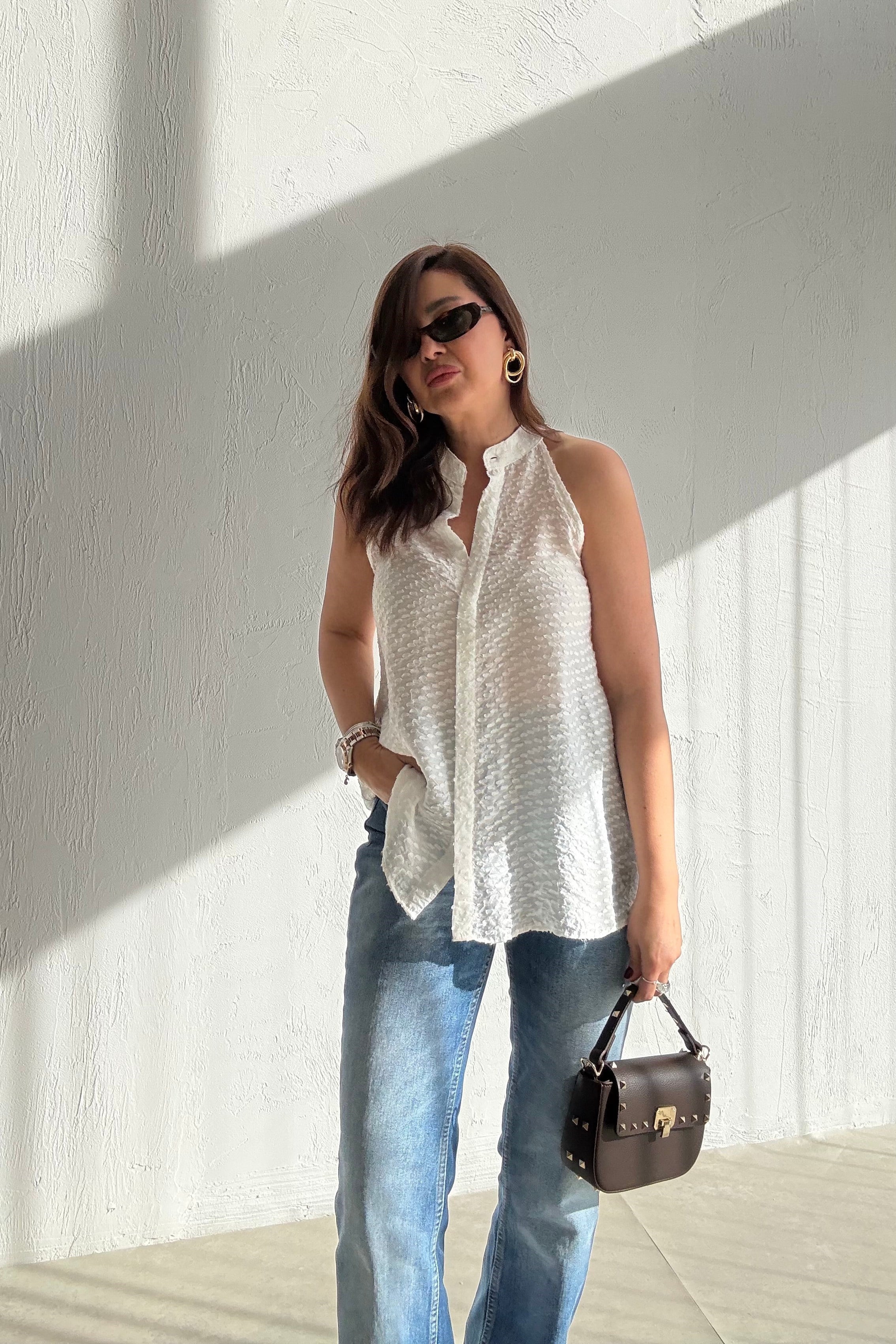 Ekru Dokulu Kolsuz Bluz 