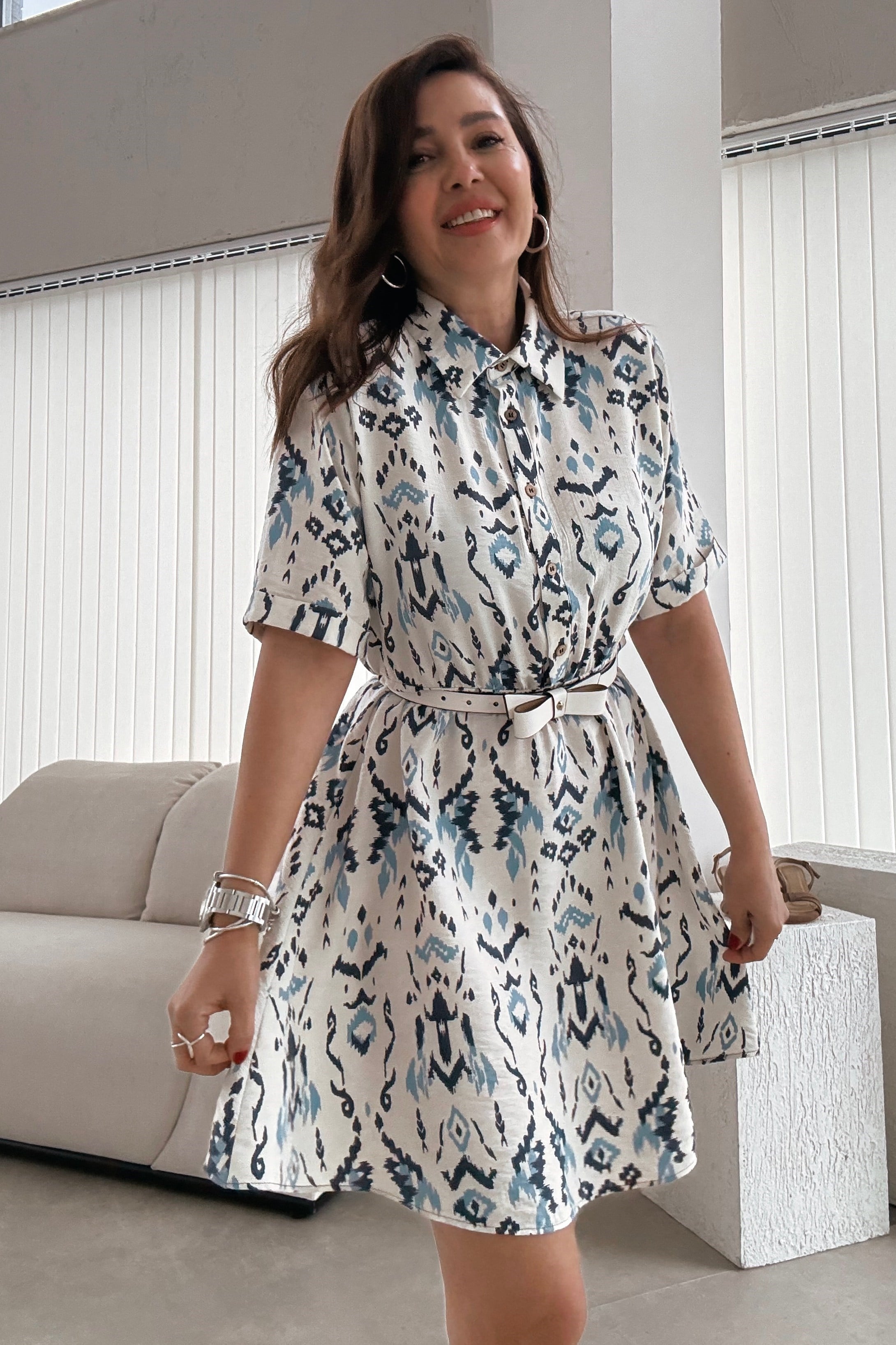 Ekru Marin Desenli Elbise 