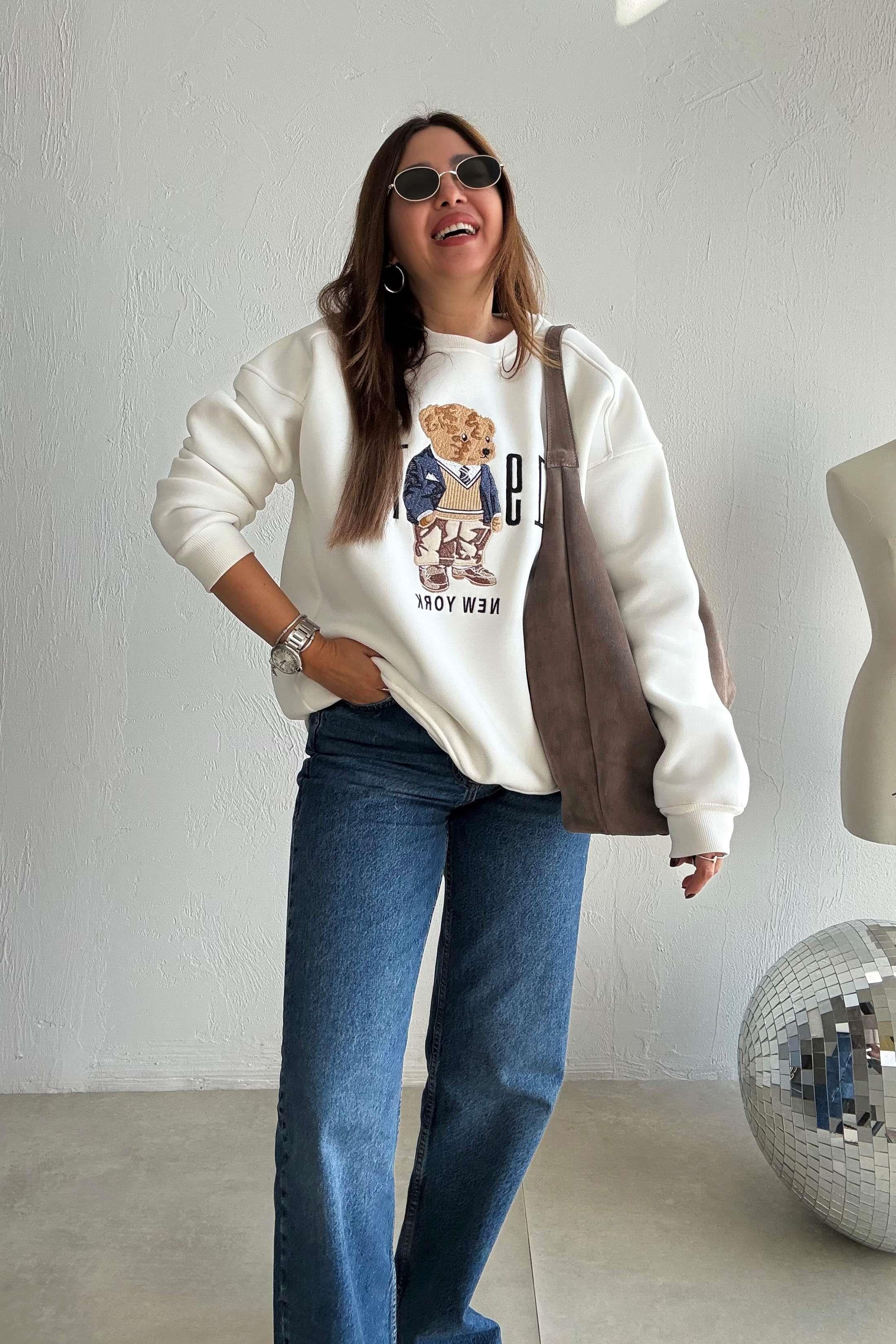 Ekru Teddy Nakışlı Sweatshirt 