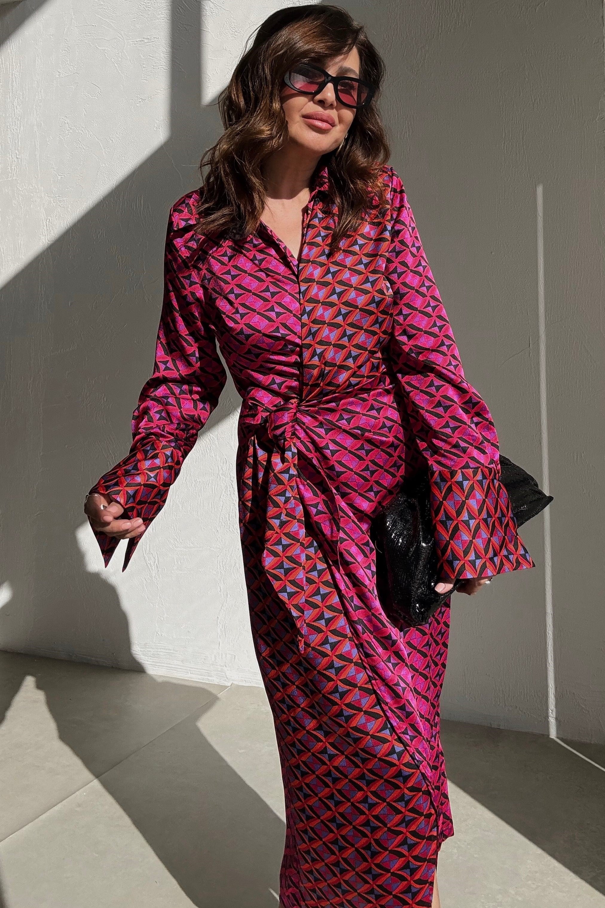 Fuşya Geometrik Desenli Elbise 
