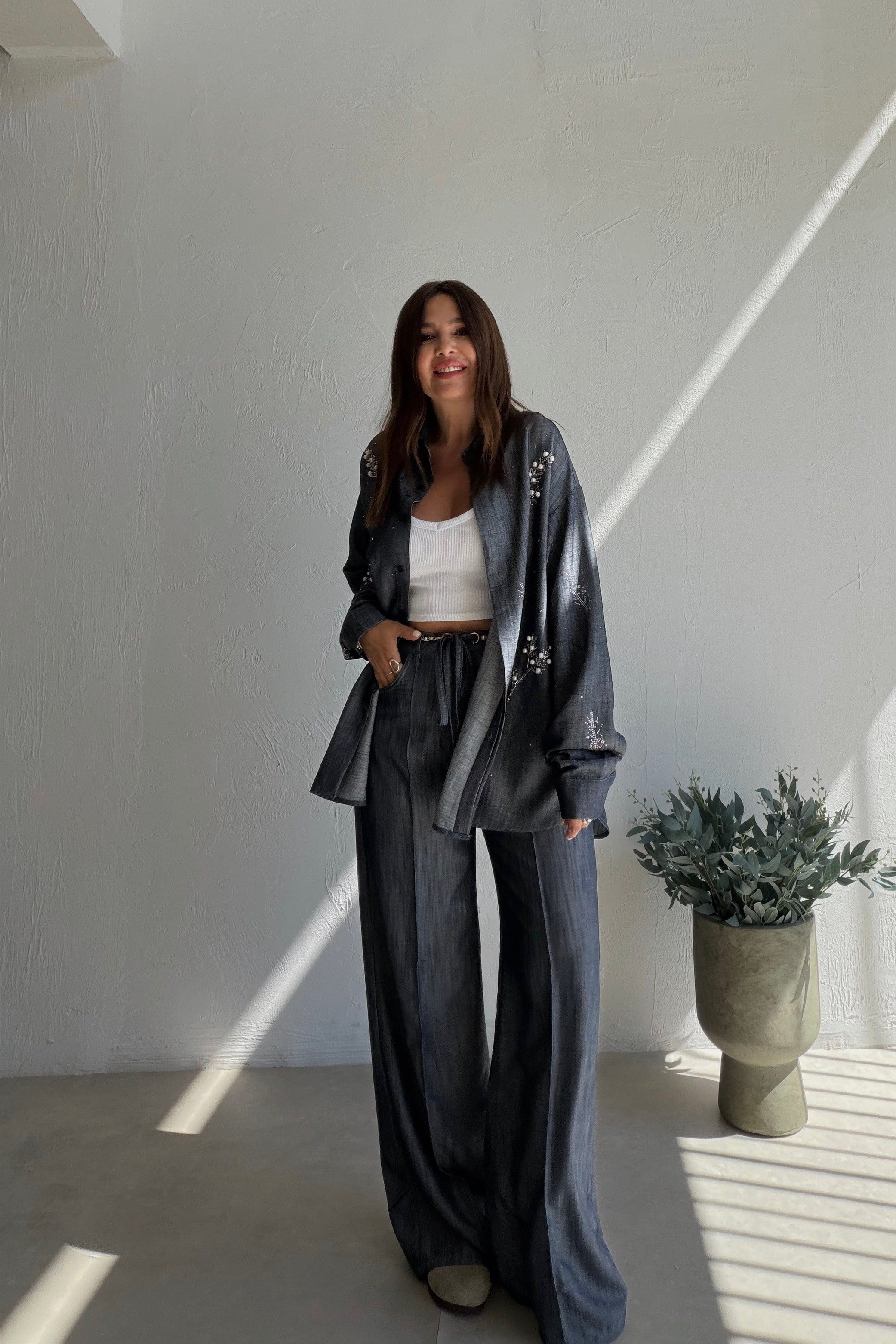 Işıltılı Denim Gömlek Pantolon Takım MAVİ