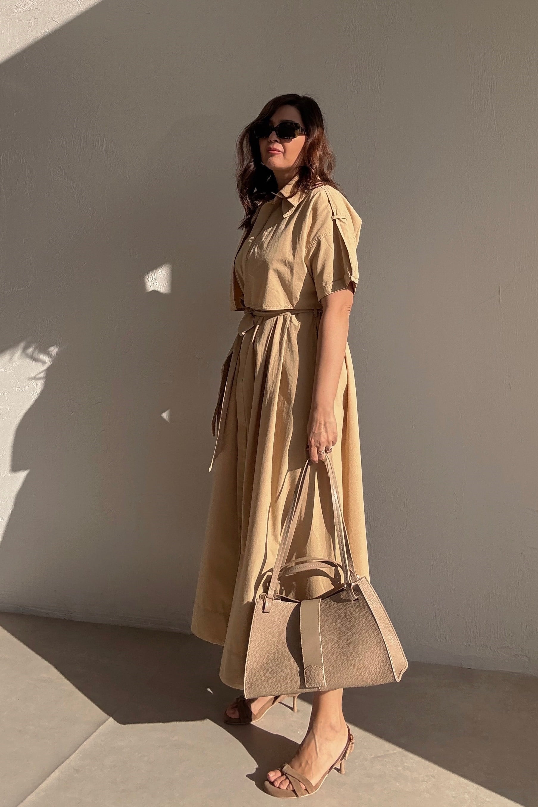 Kum Rengi Gömlek Elbise 