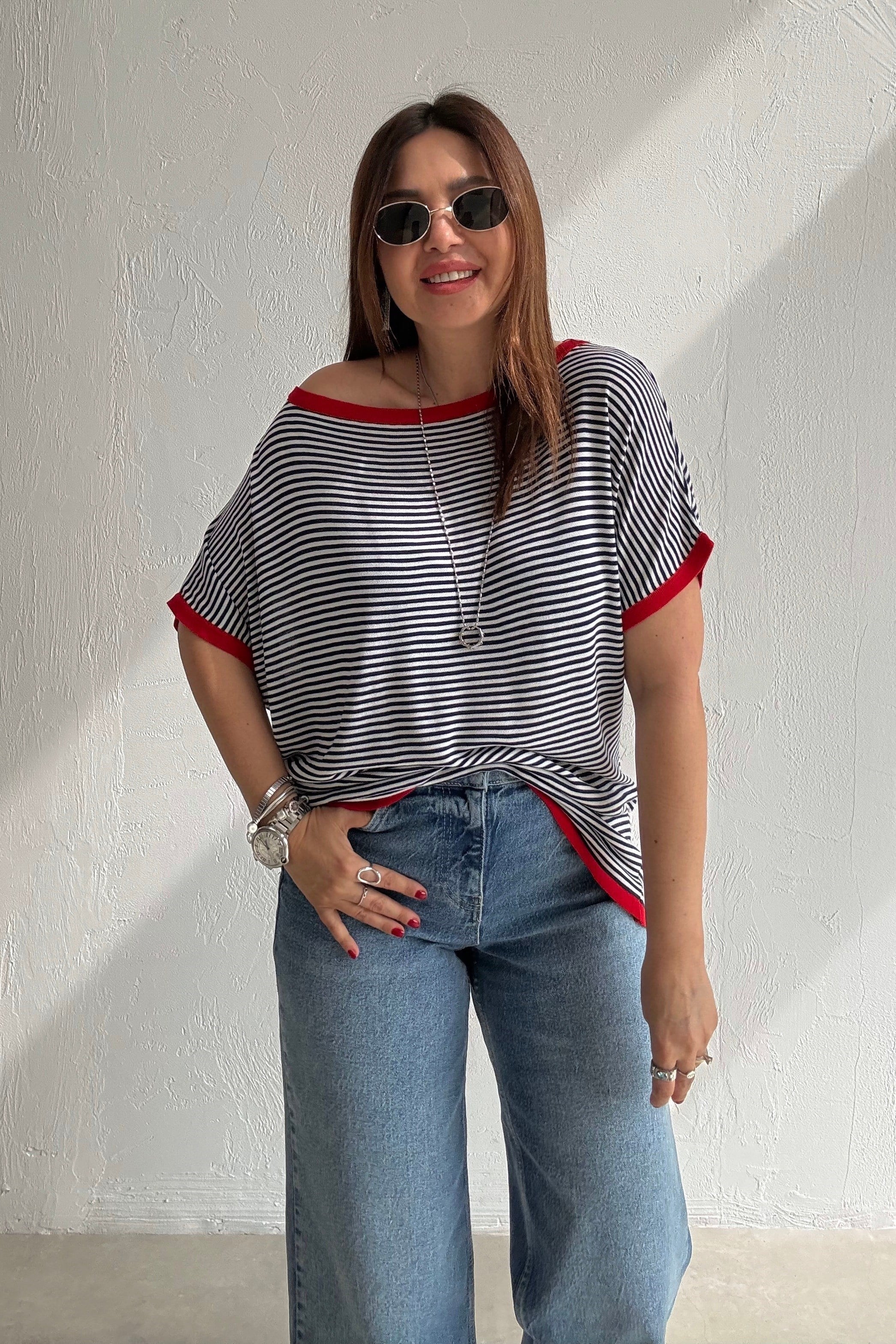 Marin Çizgili Bluz