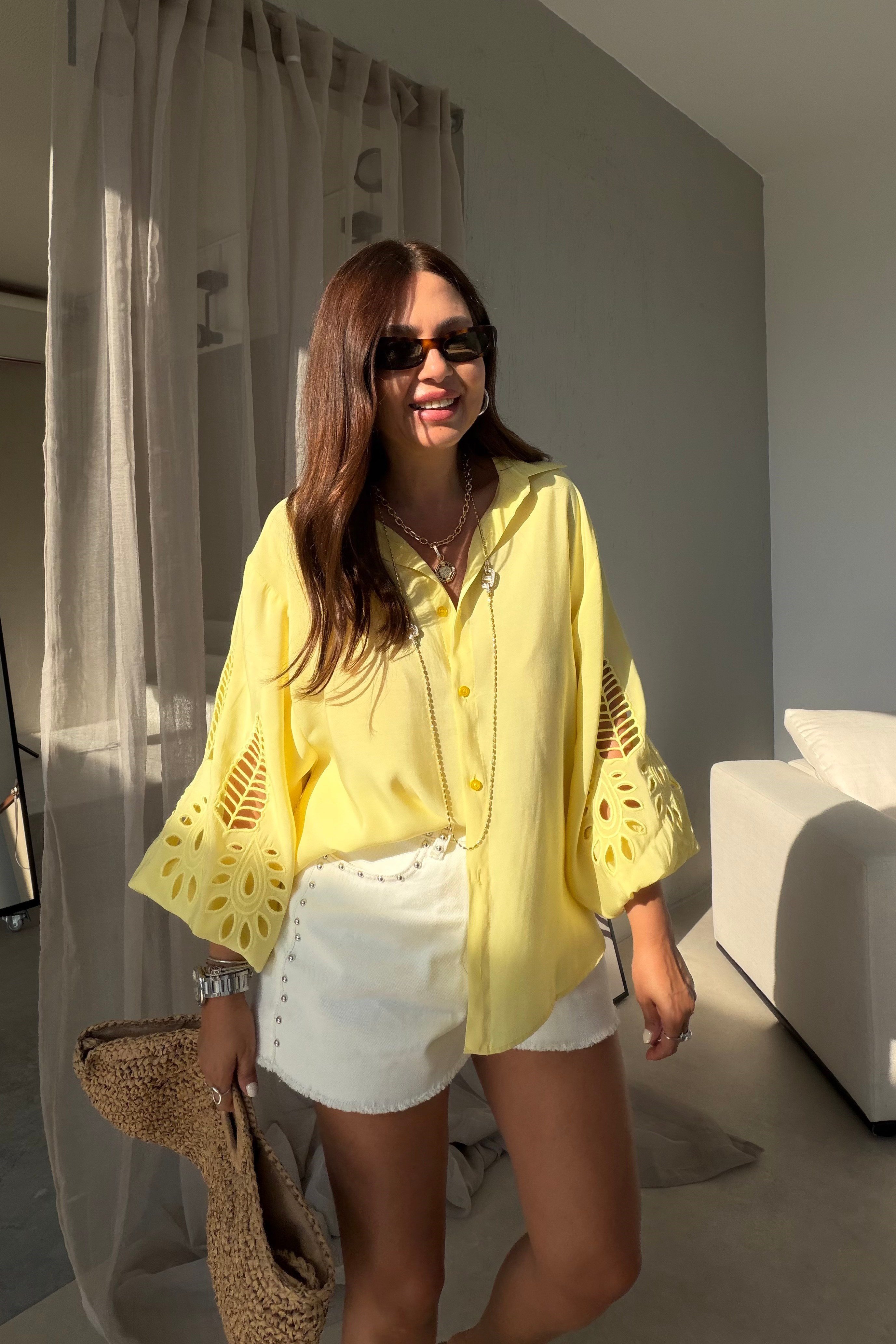 Oversize Nakışlı Gömlek SARI